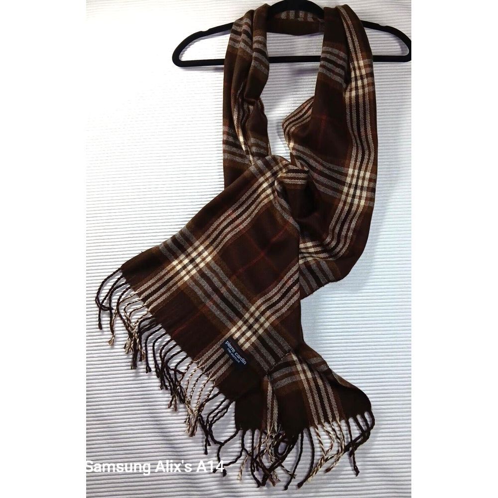 PIERRE CARDIN Fine Muffler Classic Dark Plaid Brown Cardin Fringe Scarf